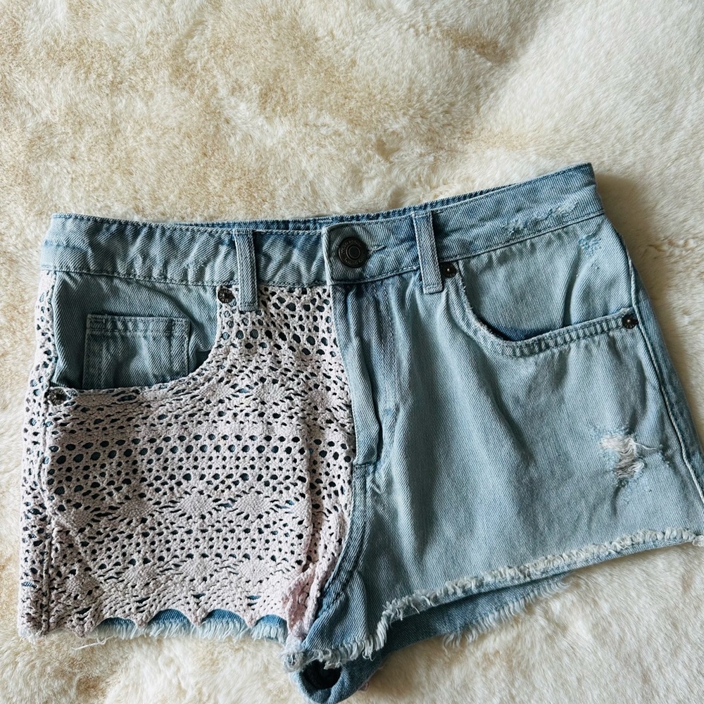 Stylish Blue Denim Shorts with Lace Detail